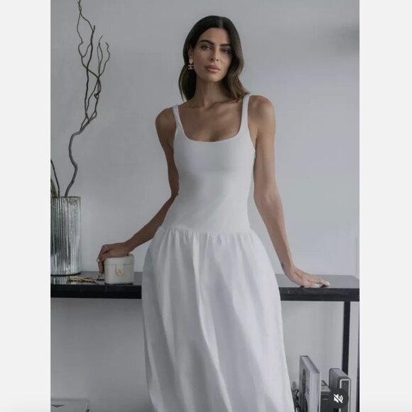 ZARA ZW NEW NWT WOMAN SS24 MIXED BALLOON MIDI DRESS WHITE VIRAL BLOG 4661/327 XS - Picture 1 of 5